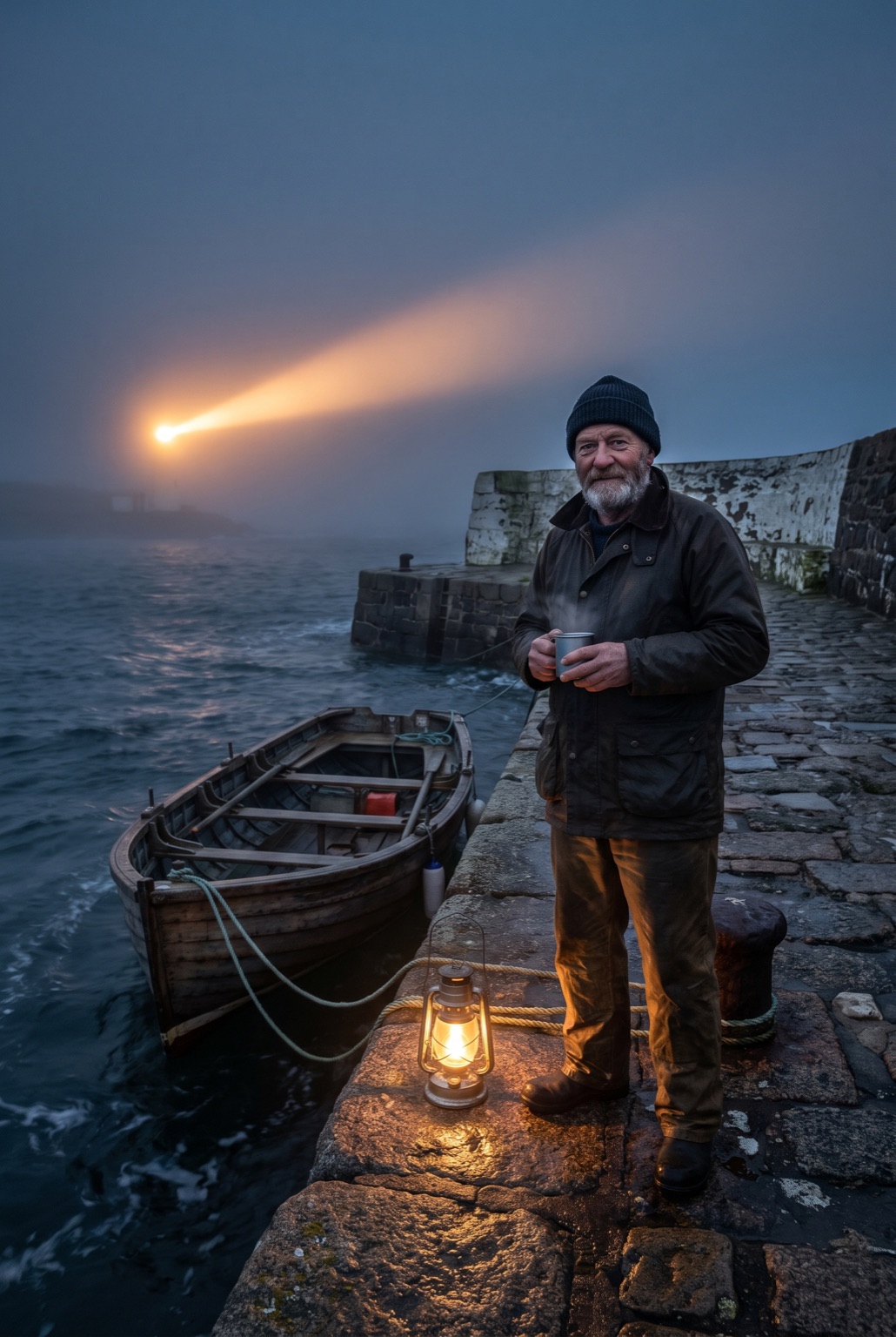 A man in oilskins and a wool hat standing on a stone jetty at night beside a moored open workboat, a hurricane lamp on the stones.
