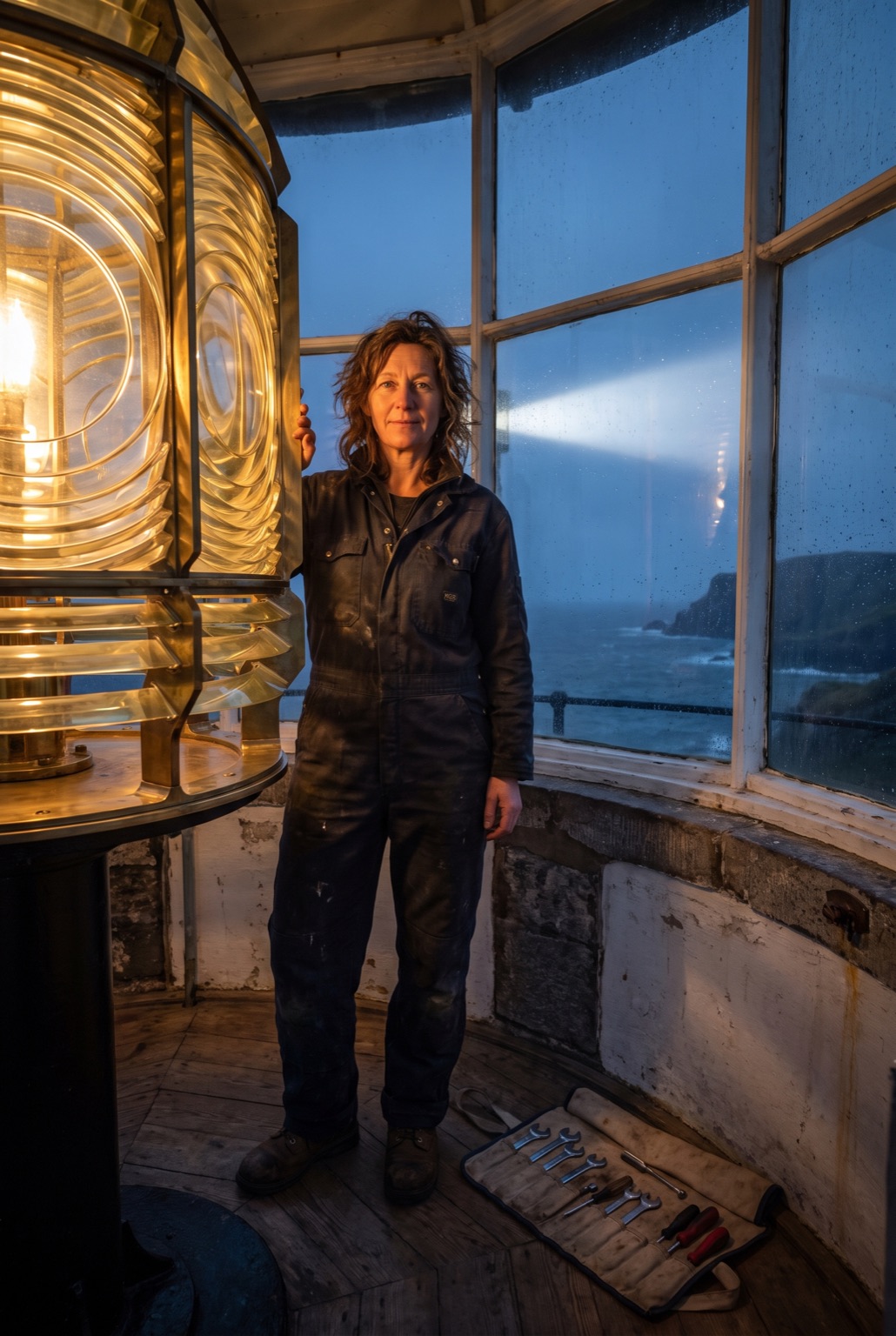 A woman in dark work overalls standing beside the brass lens assembly inside a lighthouse lantern room, a tool roll open on the floor.